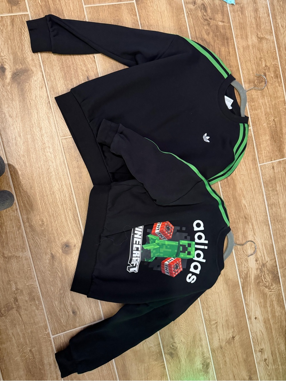 adidas Black Crewneck Sweatshirt with Green Stripe & Minecraft Graphic